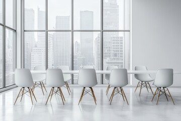 Canvas Print - White business interior with desk and armchairs in row, window. Mockup wall, Generative AI