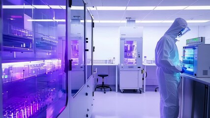 Poster - Scientist in a protective suit works with lab equipment in a modern laboratory bathed in purple light, showcasing cutting edge research