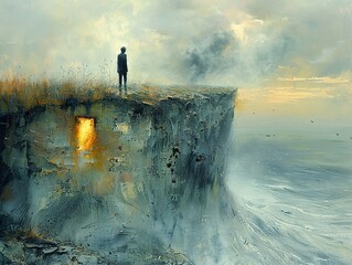 Poster - Solitude on the Cliff: A Dreamy Seascape Painting