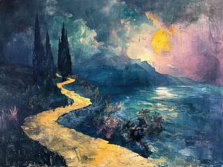 Wall Mural - Sunset Landscape Painting with Golden Path and Cypress Trees