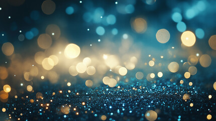 Poster - Sparkling bokeh lights create a magical atmosphere with a beautiful blend of blue and gold, ideal for festive celebrations or elegant occasions