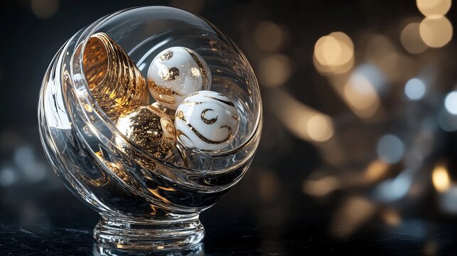 3D rendering of glossy black and gold spheres, and glass spheres with white and gold swirls in an elegant vase, set against a dark blue background with reflective lighting and luxurious finish.