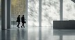 © SKIMP Art - two people walking in an office building, dressed casually and holding documents, captured from the side view The interior is minimalist with white walls and large windows Generative AI