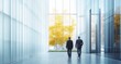 © SKIMP Art - Two people in suits walking through the entrance of an office building The hall is made up entirely of white panels with vertical slits and translucent fabric Generative AI