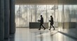 © SKIMP Art - two people walking in an office building, dressed casually and holding documents, captured from the side view The interior is minimalist with white walls and large windows Generative AI
