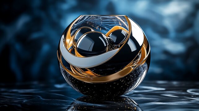3D rendering of glossy black and gold spheres, and glass spheres with white and gold swirls in an elegant vase, set against a dark blue background with reflective lighting and luxurious finish.
