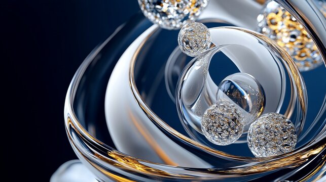 3D rendering of glossy black and gold spheres, and glass spheres with white and gold swirls in an elegant vase, set against a dark blue background with reflective lighting and luxurious finish.