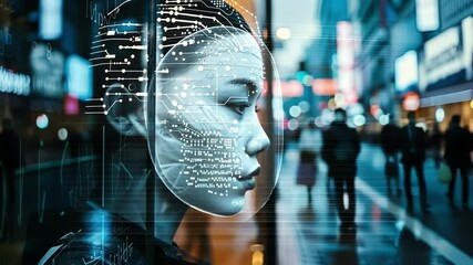 Poster - woman with a digital brain interface in an urban setting, symbolizing neurotechnology and cognitive 