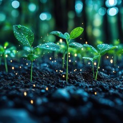 Close-up of vibrant green seedlings sprouting from rich soil, glowing with tiny lights, against a blurred forest background.