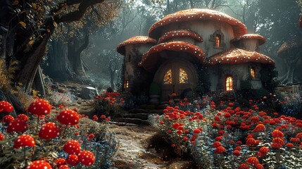 Wall Mural - Enchanted Mushroom House in a Dreamlike Forest