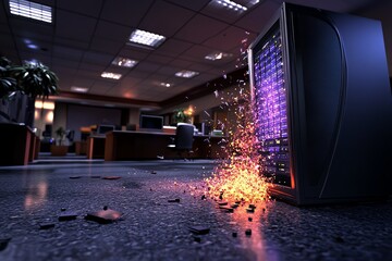 Aufkleber - 3D digital model of a corporate office being hacked, where users can explore the scene as data is being stolen from servers, fully animated with realistic lighting