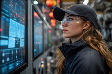 A young woman wearing safety glasses and a cap looks intently at a digital display panel in a factory.