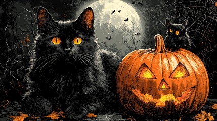 Halloween illustration with black cat, pumpkins, and bats
