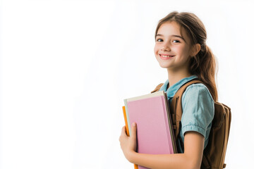 A happy school girl holding books isolated on a white background.