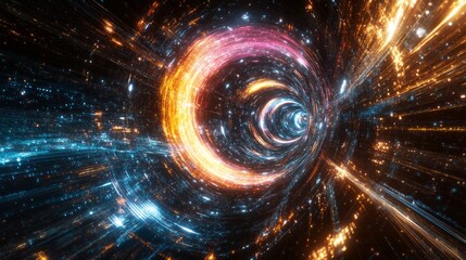 A futuristic design illustrating rapid data movement with glowing rays and dynamic explosions, capturing the essence of space travel