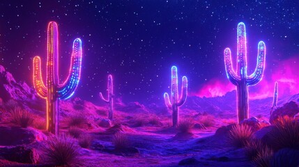 Wall Mural - neon desert cactus glowing under a bright purple sky with stars, creating an otherworldly vibe--perf