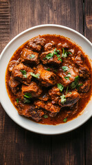 Spicy indian beef curry served in a white bowl with fresh cilantro leaves on a rustic wooden table