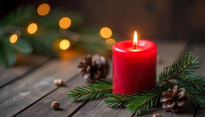 Christmas candle with pine branches, and bells, A serene Christmas background with a prominent red Advent candle as the centerpiece, Christmas decoration concept, banner, created with generative ai