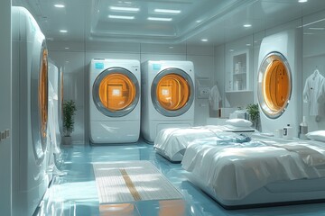 Futuristic laundry room with two washing machines, a bed, and a plant in a modern white and blue interior.