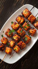 Paneer tikka served with spicy sauce and coriander on a white plate resting on a wooden table