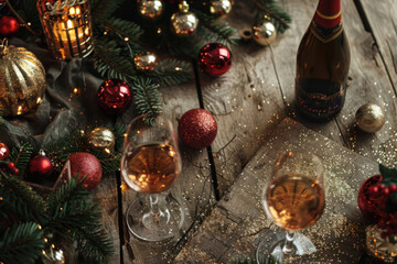 Wall Mural - Christmas wine and champagne bottles arranged on a festive table with elegant decorations and ornaments.