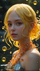 Close-up of a young woman with yellow hair adorned with floating orbs in water