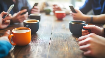 Poster - Close-up of Coffee Cups and Hands Holding Smartphones on Wooden Table