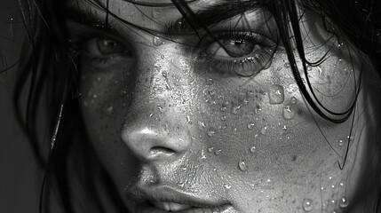 Wall Mural - Close-Up Portrait of a Woman with Water Drops on Her Face