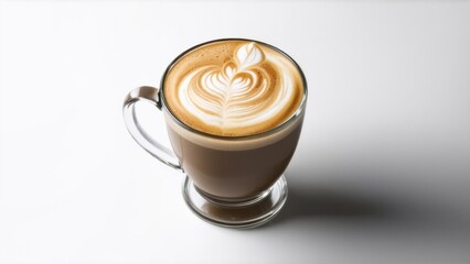 Foamy coffee cappuccino with whipped milk cap in double glass mug isolated on white background