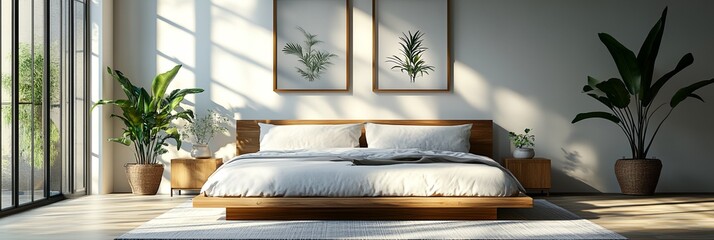 Sticker - The bed is surrounded by potted plants and a vase. The room has a clean and minimalist look