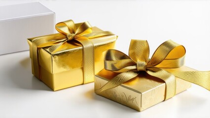 Real gold gift photo with gold ribbon, blank white background, Distinctive gift boxes, Gift box set, White gift