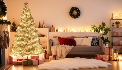 Nightly Home Decor: Warm blanket and bright lights decorate the tree, creating a festive and vintage atmosphere for music and joy.