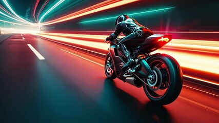 Poster - Riding motorcycle through night tunnel, feeling speed rush with colorful light trails blurring in background, capturing adventure thrill and freedom of urban ride