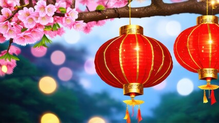 Chinese new year celebration in Asia. Pink, red and golden lantern on Japanese sakura tree for Lunar new year party. Background with glitter and bokeh lights. Cherry tree blossom