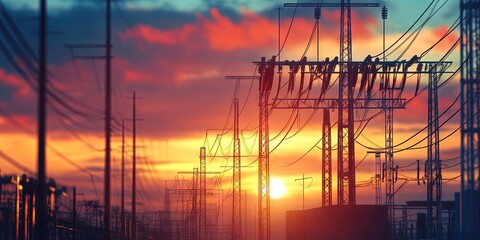 Electrical power substation at sunset.