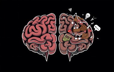 Poster - Left right human brain concept. Creative part and logic part with social and business doodle
