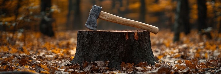 axe in tree stump, autumn forest background