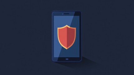 Poster - Smartphone Screen Displaying Shield Icon on Dark Blue Background, Featuring Vector-Style Flat Colors for Modern Digital Security Concept