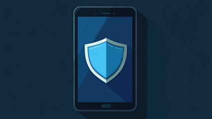 Poster - Smartphone Screen Displaying Shield Icon on Dark Blue Background, Featuring Vector-Style Flat Colors for Modern Digital Security Concept