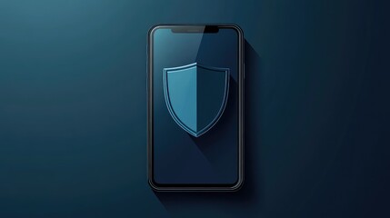 Poster - Smartphone Screen Displaying Shield Icon on Dark Blue Background, Featuring Vector-Style Flat Colors for Modern Digital Security Concept