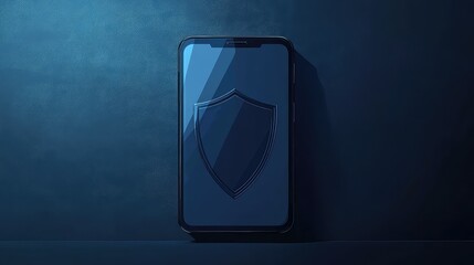 Poster - Smartphone Screen Displaying Shield Icon on Dark Blue Background, Featuring Vector-Style Flat Colors for Modern Digital Security Concept