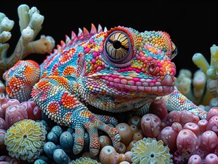 Poster - Colorful Chameleon Close Up: Vibrant Reptile Portrait