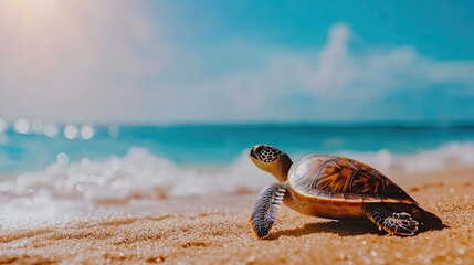 Wall Mural - turtle on sandy beach with ocean waves and bright sunny sky.