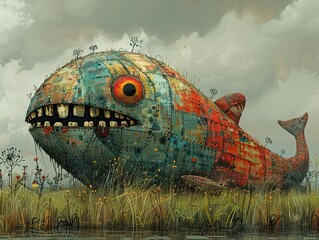 Poster - Surreal Rusty Whale: A Mechanical Creature in a Dreamlike Landscape