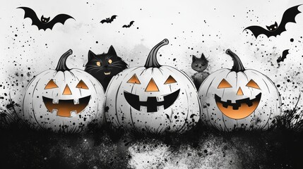 Halloween illustration with black cat, pumpkins, and bats
