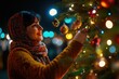 © Konstiantyn Zap - Joyful woman decorating christmas tree with ornaments and lights in festive night setting