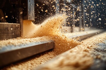 Close-up of sawdust flying from a woodworking machine.