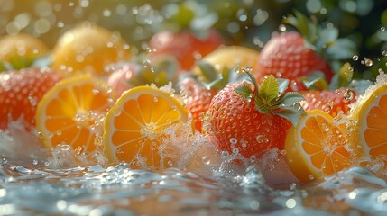 Wall Mural - Fresh Strawberries and Oranges in Water Splash