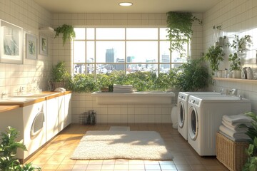 Bright and airy laundry room with large windows, modern appliances, and lush greenery.