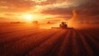 © zulie - A tractor harvests a field of wheat at sunset, kicking up dust in its wake. The sun is setting in the distance, creating a warm glow over the landscape.